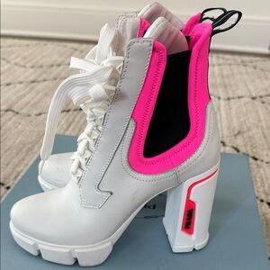 Prada Women's White and Neon Pink Heeled Boots